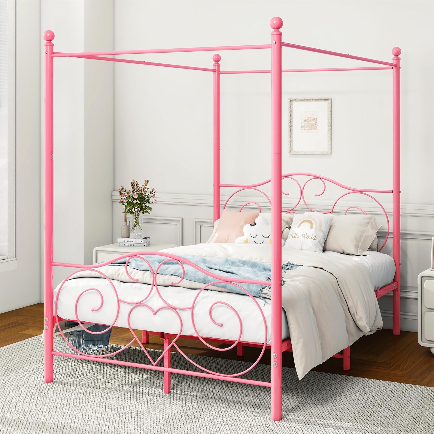 HAHRIR Double Canopy Bed Frame with Vintage Headboard & Footboard, Pink