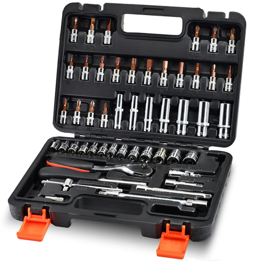 53-Piece 1/4" Socket Set,Driver Bits Metric Tool Set,72 Teeth Quick Release Ratchet Wrench Set with Flexible Extension Rods,S2 Screwdriver Bit,CRV