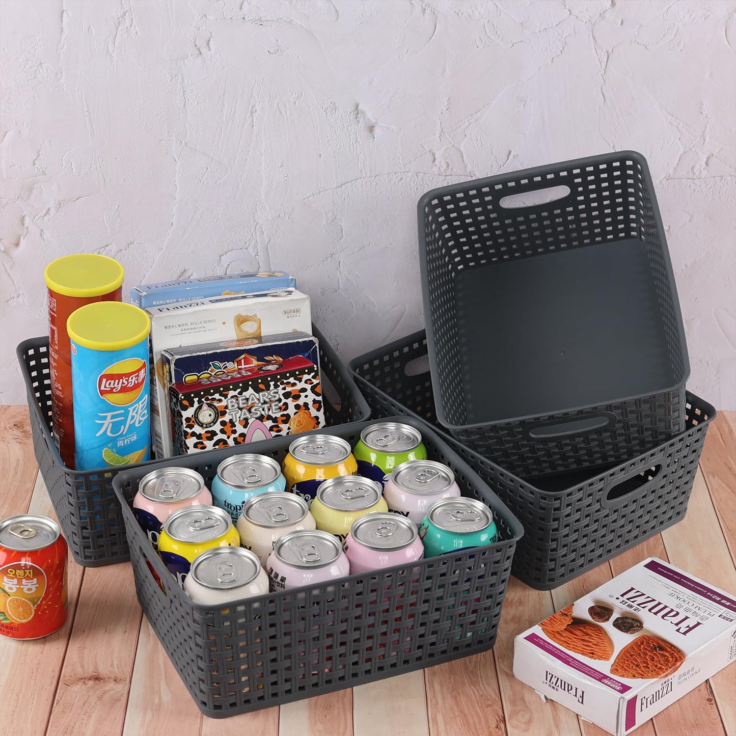 Doryh Plastic Woven Storage Basket, Grey Cupboard Storage Baskets, 4-Pack