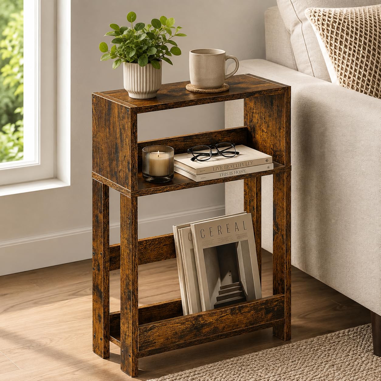 ZEXVIDA Narrow Side Table with Storage Shelf, 3-Tier Slim End Table & Nightstand for Bedroom, Living Room, Sofa Side Table for Small Spaces
