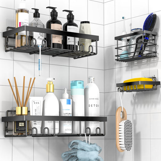 DIFULI Shower Caddy 4 Pack with Soap Holder, Shower Shelf No Drilling with Toothbrush holder, Bathroom Organiser Rack, Shampoo Holder for Shower,