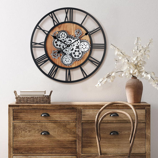 Lafocuse 23 Inch Wooden Real Moving Gears Wall Clock Black,Large Wall Clock Oversized Vintage Rustic Farmhouse Industrial Clocks for Living Room Decor