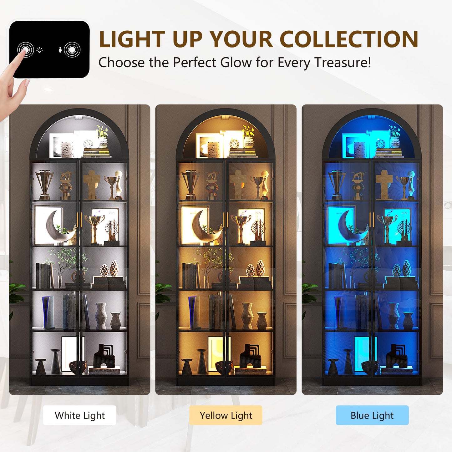 FREDEES Arch Display Cabinet with Doors and LED Lights, 195CM, Black