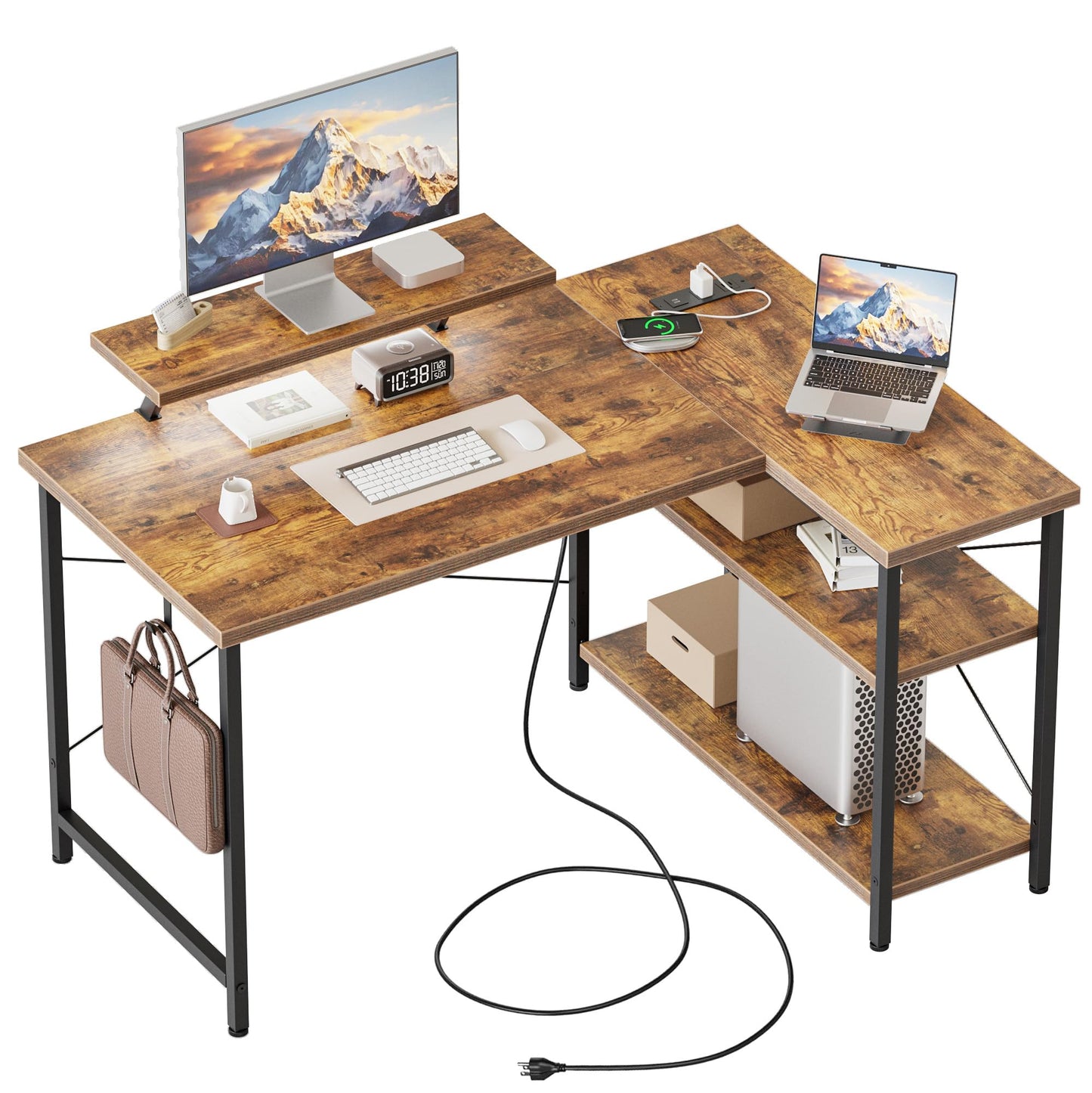 Mericonia Reversible Corner Desk, w. Led & Power Outlets, 100x70cm, Brown