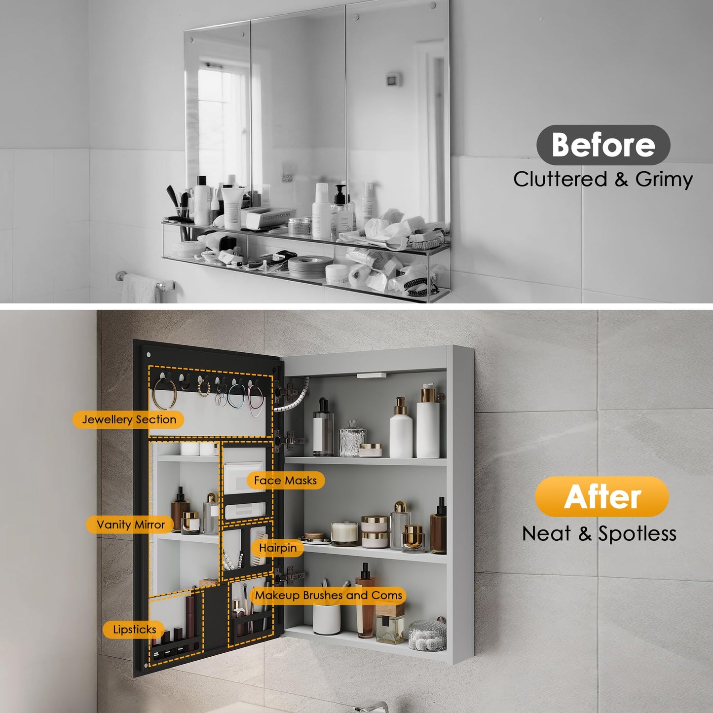 ELEGANT LED Bathroom Mirror Cabinet with Shaver Socket, Grey, 480x700mm