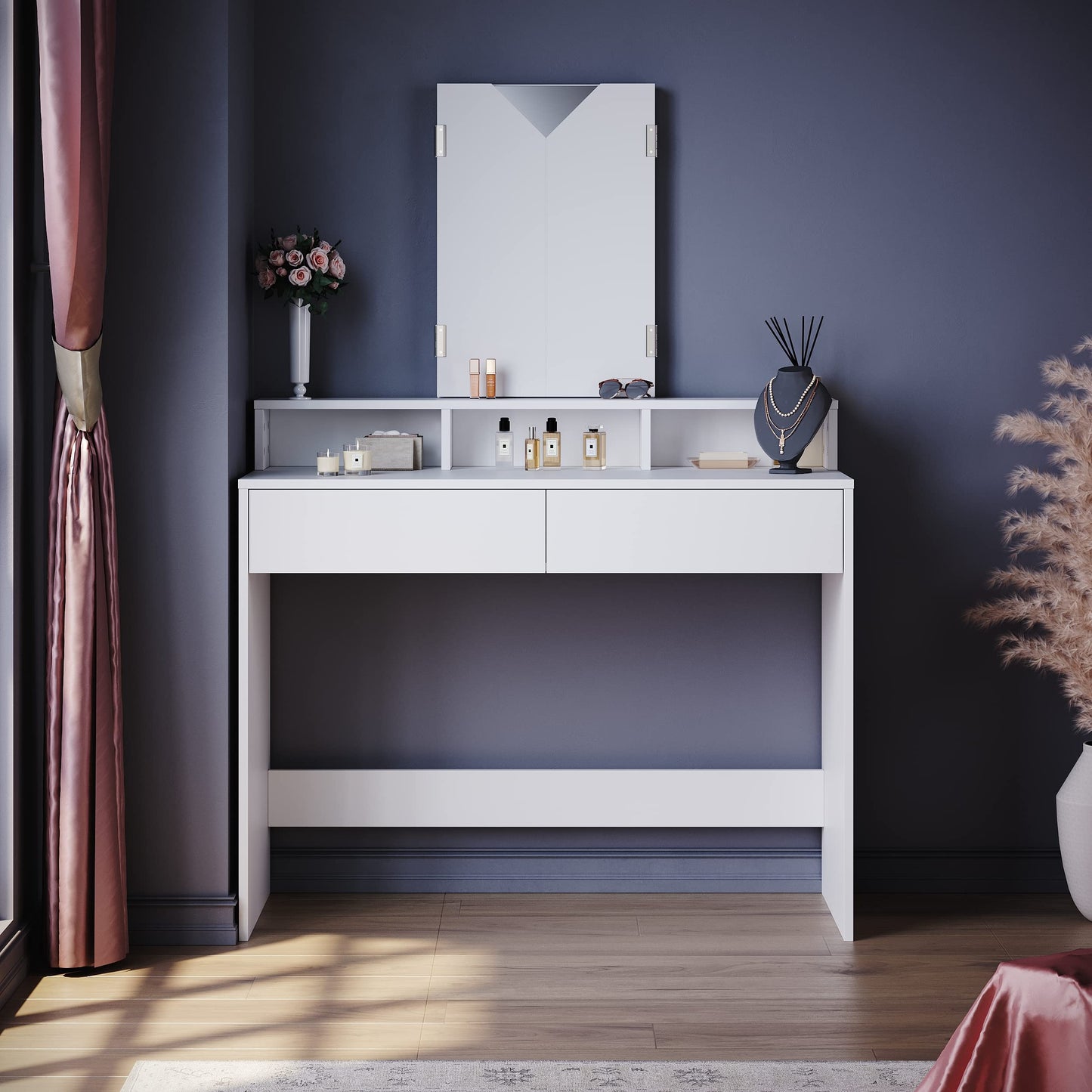 ELEGANT Dressing Table with Tri-Fold Mirror (180°) Makeup Vanity Desk with 2 Drawers and 3 Open Compartments and Hollywood LED Lights