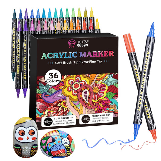 LET'S RESIN 36 Acrylic Paint Pens Markers, Dual Tip Fine & Brush Paint Markers, Strong Coverage Bright Colors Paint Pens for Rocks, Canvas, Wood,