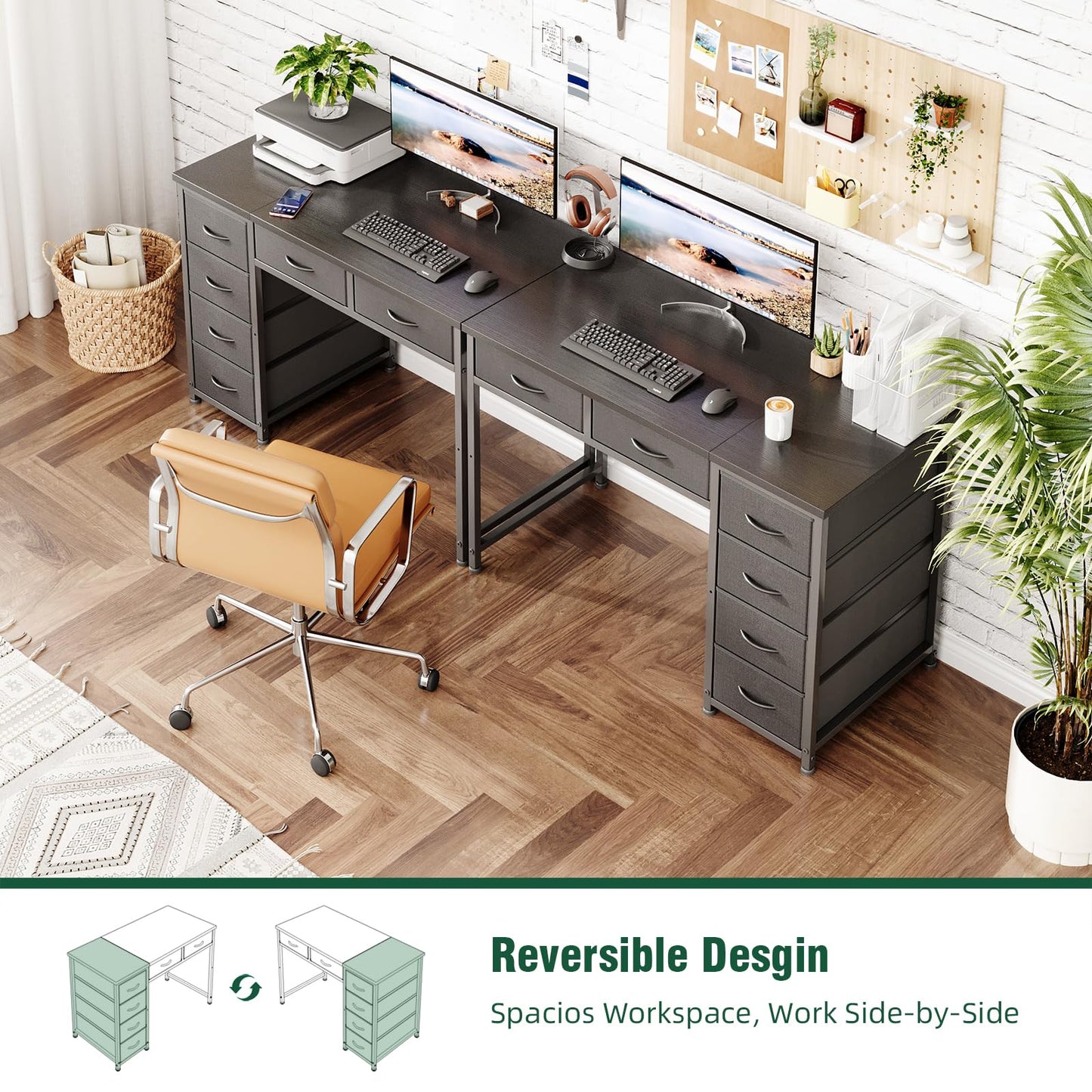 MUTUN 100x48 cm Desk, Small Computer Desk with 6 Fabric Drawers, Reversible Home Office Desk with Adjustable Feet, Work Desks for Office, Study