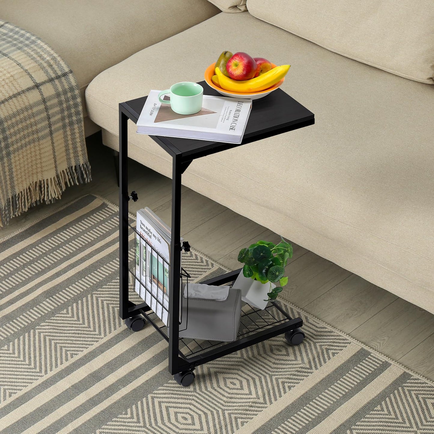 C Shaped Side Table Metal Frame Black Side Table With Wheels 2-tier Shelf