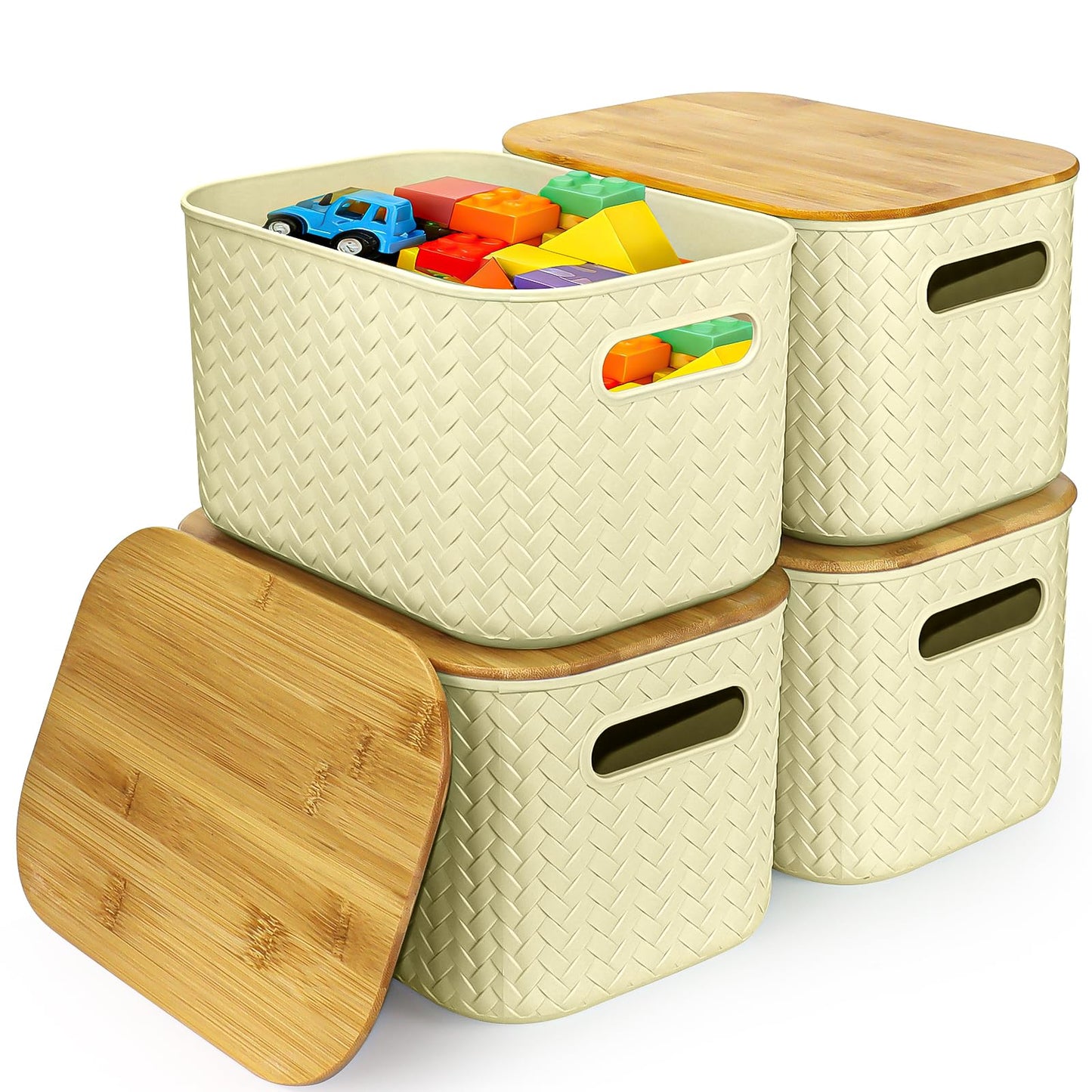 RWFMO 4 Pcs Plastic Beige Storage Baskets with Bamboo Lid for Bathroom