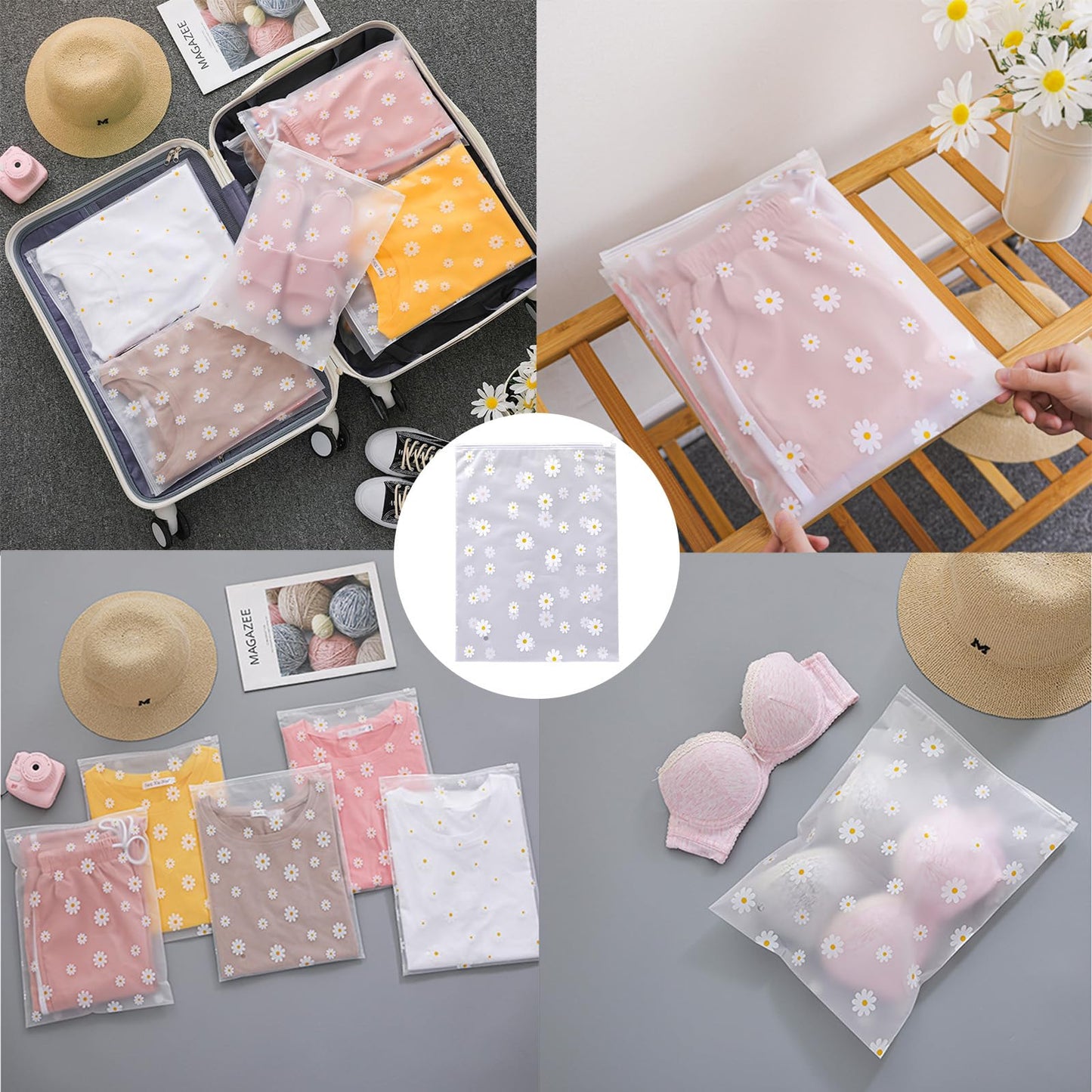 Boxonly Daisy Zipper Storage Bags, Reusable Waterproof PEVA Plastic Pouches for Clothes, Shoes, Toiletries - 14" x 18" / 35 x 45 cm - 12 Pcs