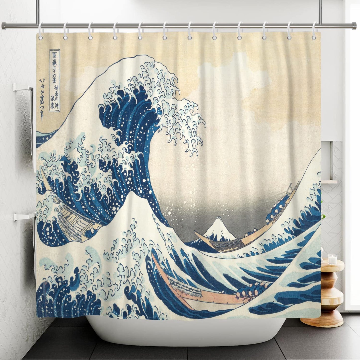 SDOTPMT 72x72inch Japanese Ocean Waves Shower Curtain Abstract Sea Wave Wooden Boat Bath Curtain Ukiyo-e Theme Fuji Mountain Bathtub Curtain for