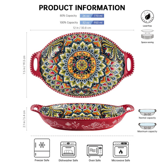 Henten Home Salad Bowl Set of 4, Porcelain Large Pasta Bowl/Fruit Bowls with Handles - 32 OZ, Vibrant Colour Large Bohemian Bowls Serving Dishes for