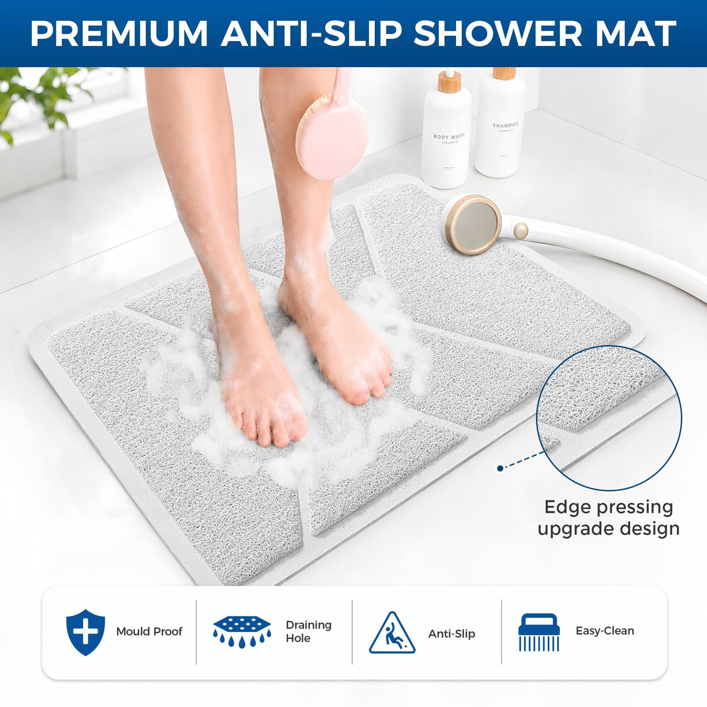 XIYUNTE Soft Shower Mat Non Slip Anti Mould, Loofah Bath Mat with Heat-Pressed Edging 60x40cm, INCL. Hooks for Drying