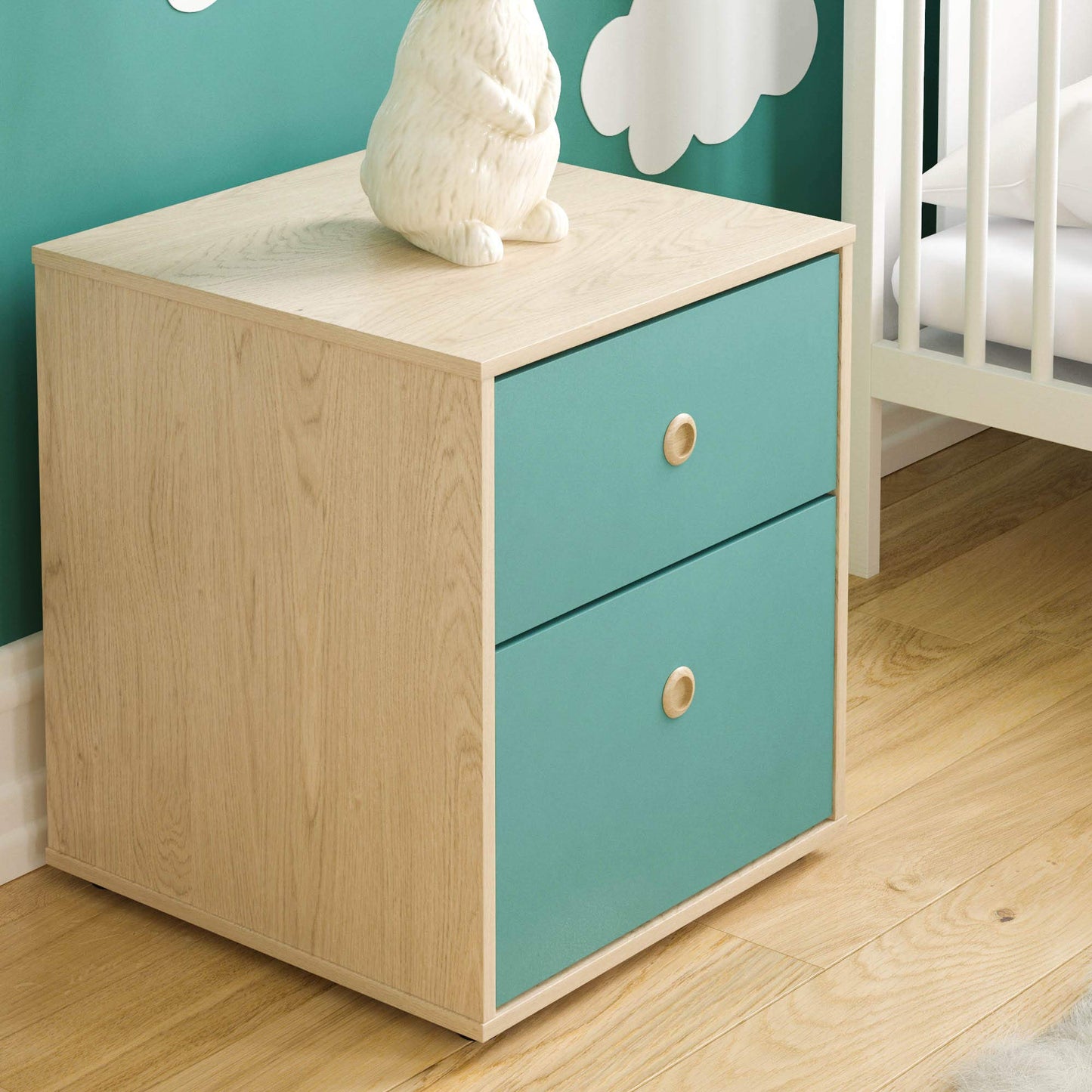 Junior Vida Neptune 2 Drawer Bedside Table Cabinet Chest of Drawers Bedroom Storage Children's Kids Furniture (Blue & Oak)