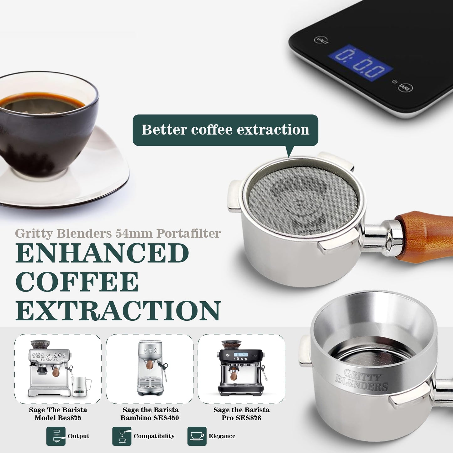 Gritty Blenders - Bottomless Coffee Portafilter 54mm with Compatible Puck Screen, Basket and Dosing Funnel | Compatible with Sage Breville Barista