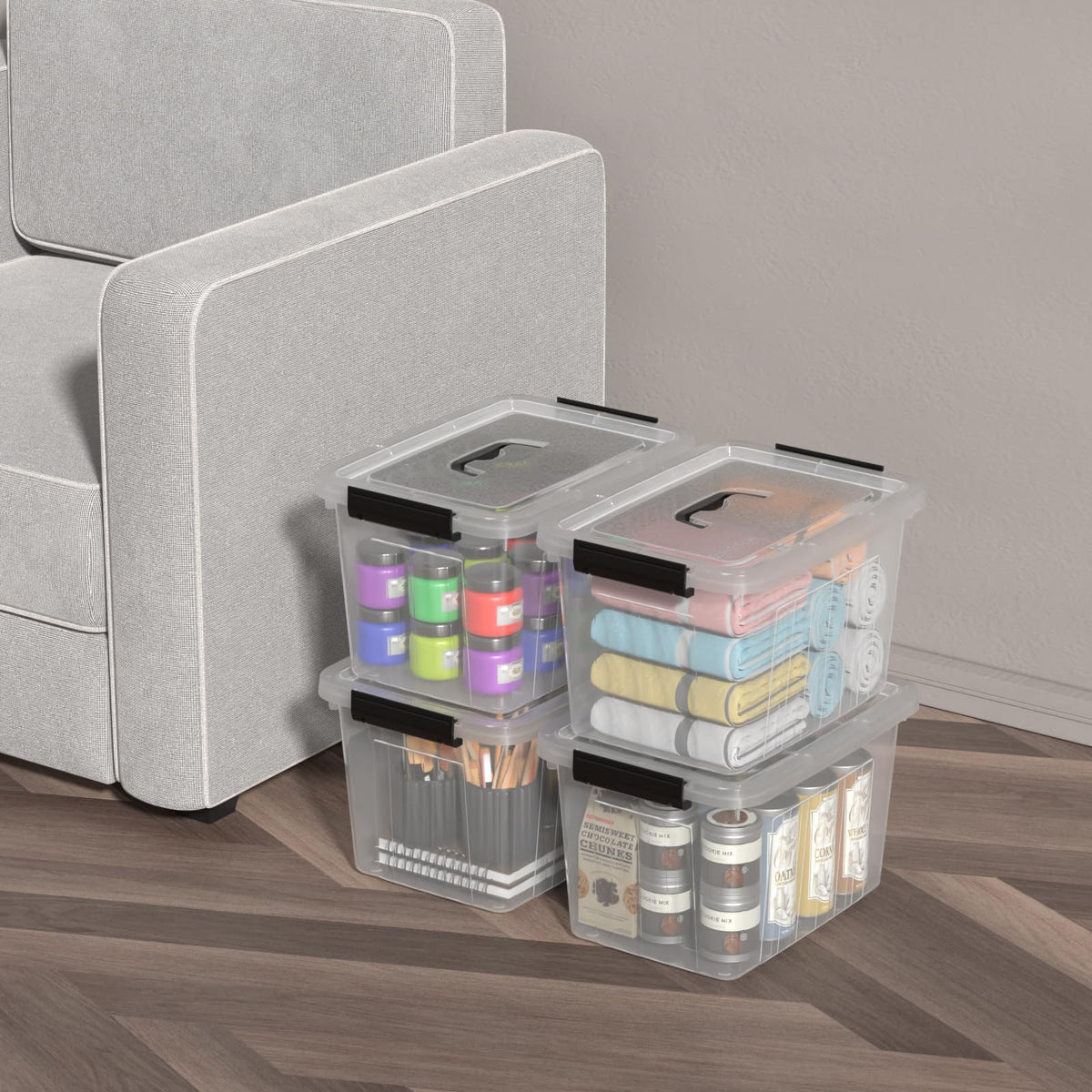 Dynko 4-pack 10 Liters Plastic Storage Boxes, Clear Boxes with Lids