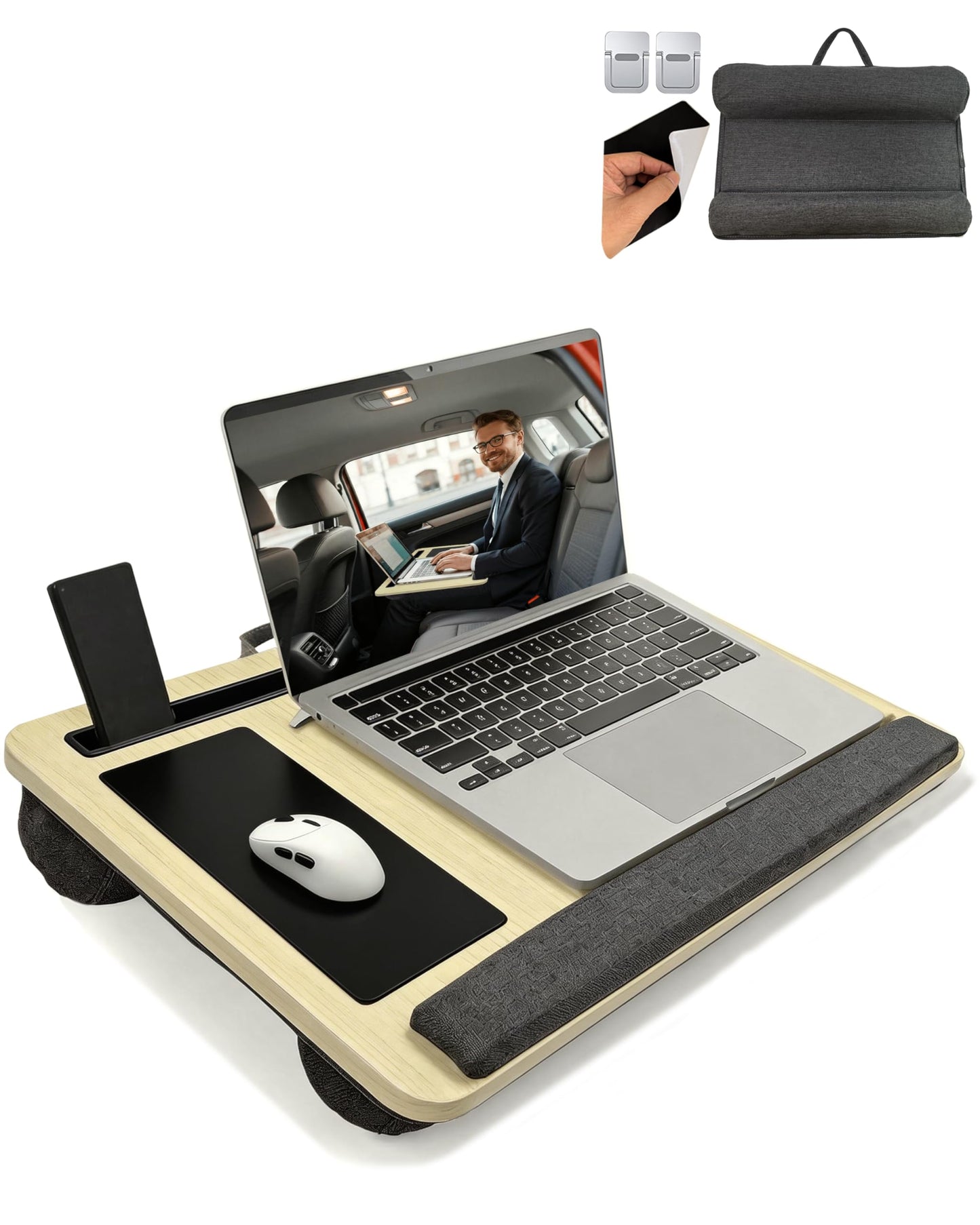 Yaong Gauo Laptop Desk for Bed, Lap Desk with Cushion, Laptop Stand for Bed, Fits up to 17.3” laptop, Tablet and Phone Holder with Cellphone Stand