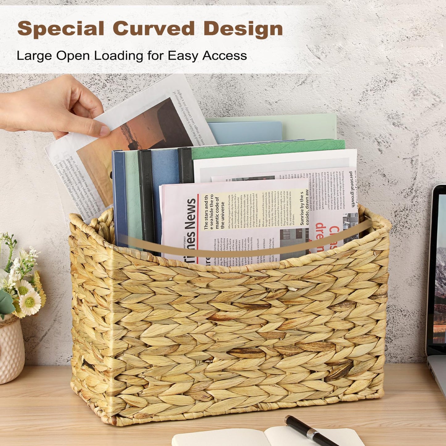 BSTKEY Divided Magazine File Basket with Handle, Natural Water Hyacinth