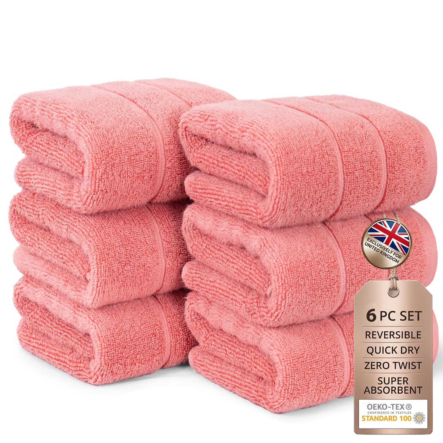 Bathroom Hand Towels 6 Pc Set I Lightweight I Quick-dry I OEKO-TEX I Coral
