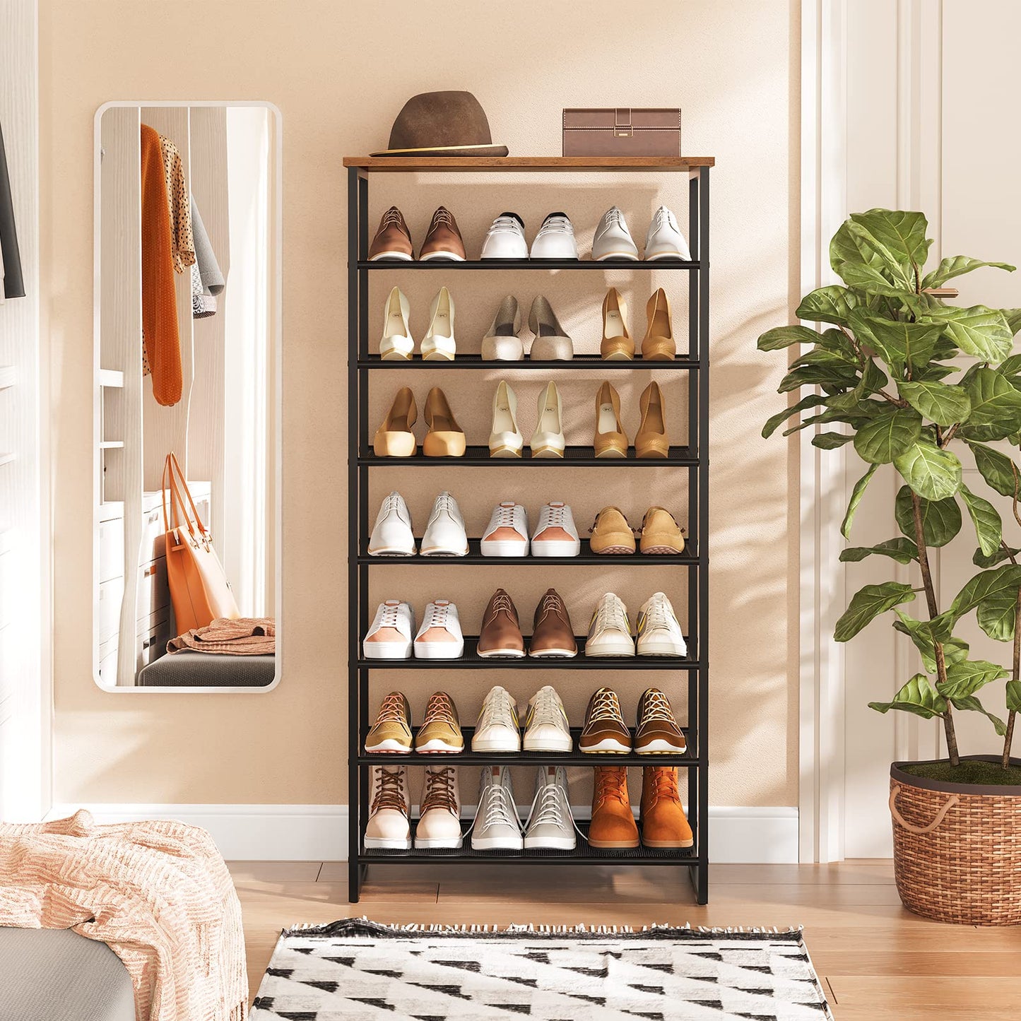 HOOBRO 8-Tier Shoe Rack, Tall Shoe Shelf, Shoe Organizer Rack for 21-28 Pairs of Shoes, Detachable Metal Mesh, Narrow Stand for Hallway, Living Room