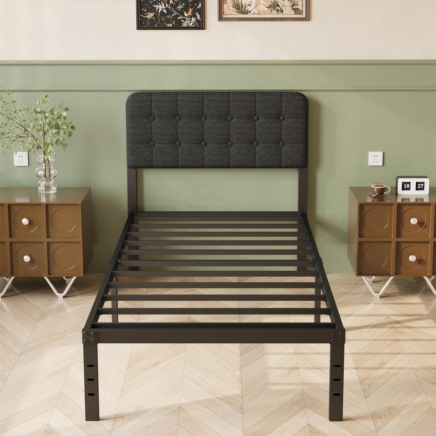Lutown-Teen Single Bed Frame with Black Upholstered Headboard