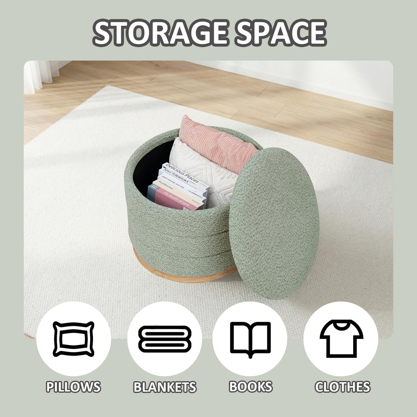 PINPLUS Round Chenille Storage Ottoman, Tray Top, 58x58x44 cm, Sage Green