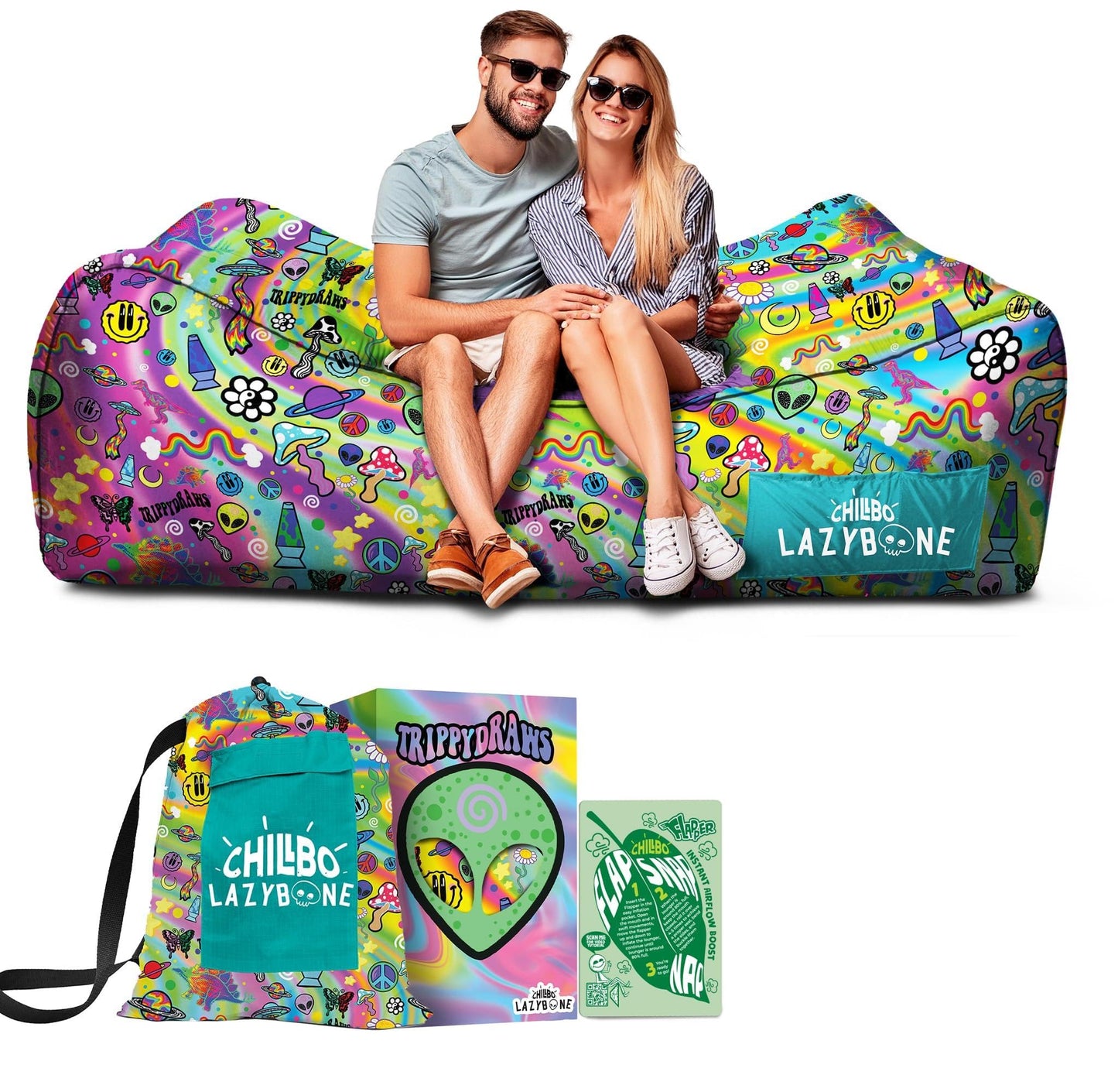 Chillbo x TrippyDraws Lazybone Inflatable Couch - Ultimate Inflatable Lounger for Maximum Chill - The Perfect Blow Up Couch for Music Festivals