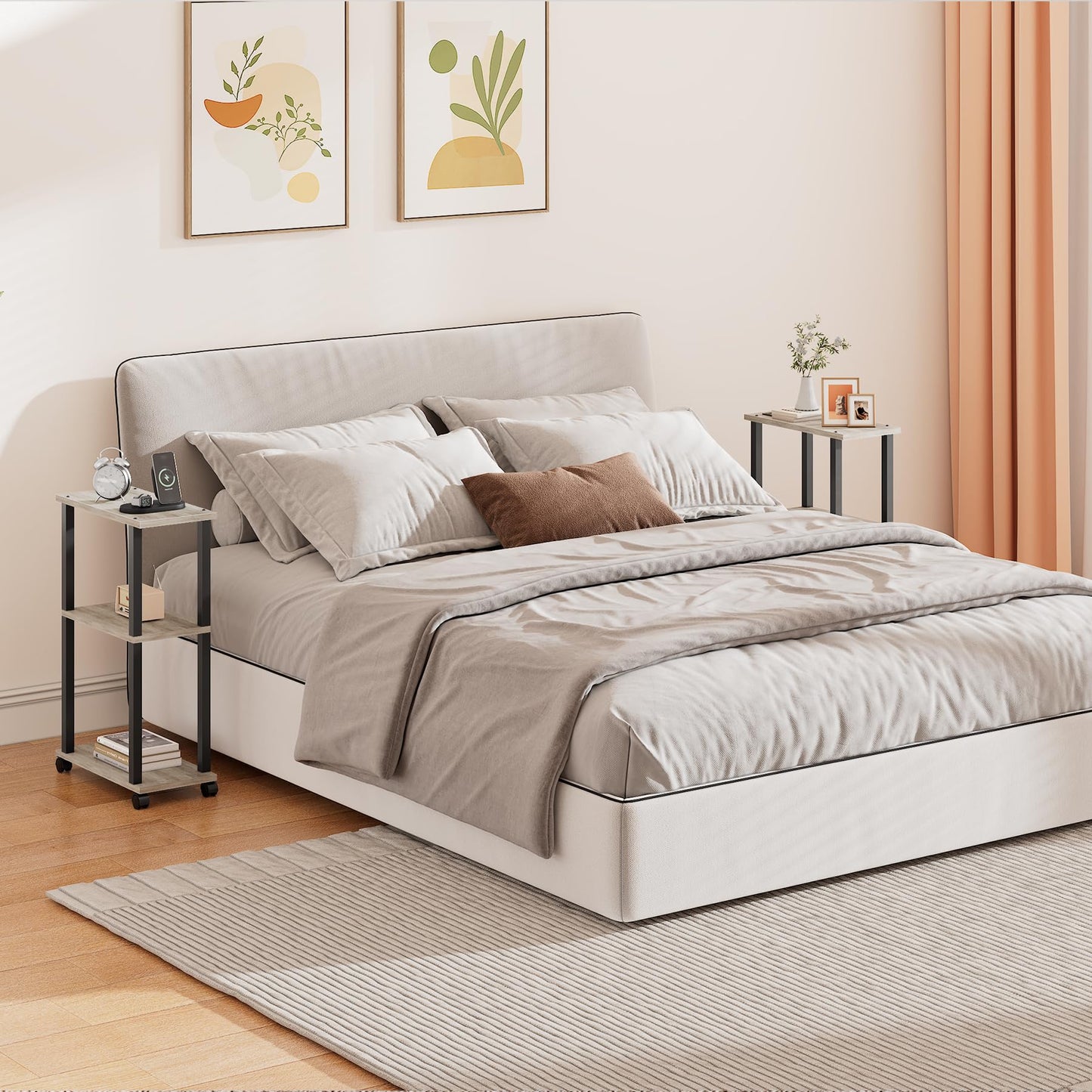 TUTOTAK Small Side Table, Narrow End Table, Bedside Table, Set of 2, Couch Side Table with Wheels for Living Room or Bedroom, Greige TB01BG0612EU