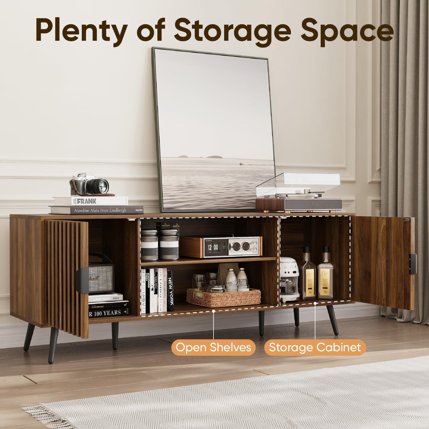 Smart FENDEE 135cm TV Stand, TV Console for TV up to 55 Inch, Mid Century Modern Entertainment Center with Fluted Doors and Adjustable Shelf for