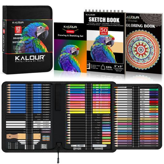 KALOUR PDAS 112 Drawing Set Sketching Kit, Pro Art Supplies with 3-Color Sketchbook & Coloring Book, Neon, Colored, Watercolor, Metallic, Graphite,