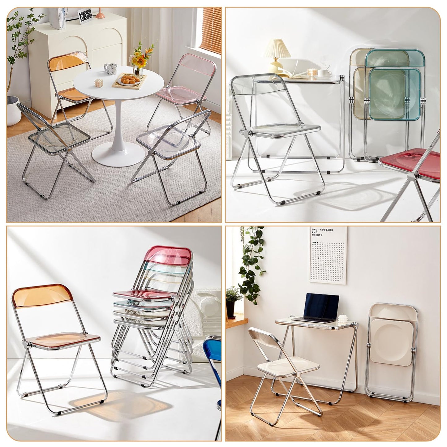 KAIHAOWIN Luxury Modern Transparent Folding Chair Acrylic Stacking Chairs with Crystal Seats-PC Plastic for Living Room and Outdoor Use