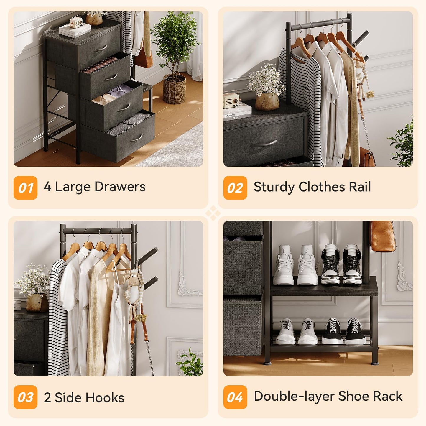 ODK 3 in 1 Chest of Drawers Bedroom, 4 Fabric Drawers, Black, 30x75.5x120cm