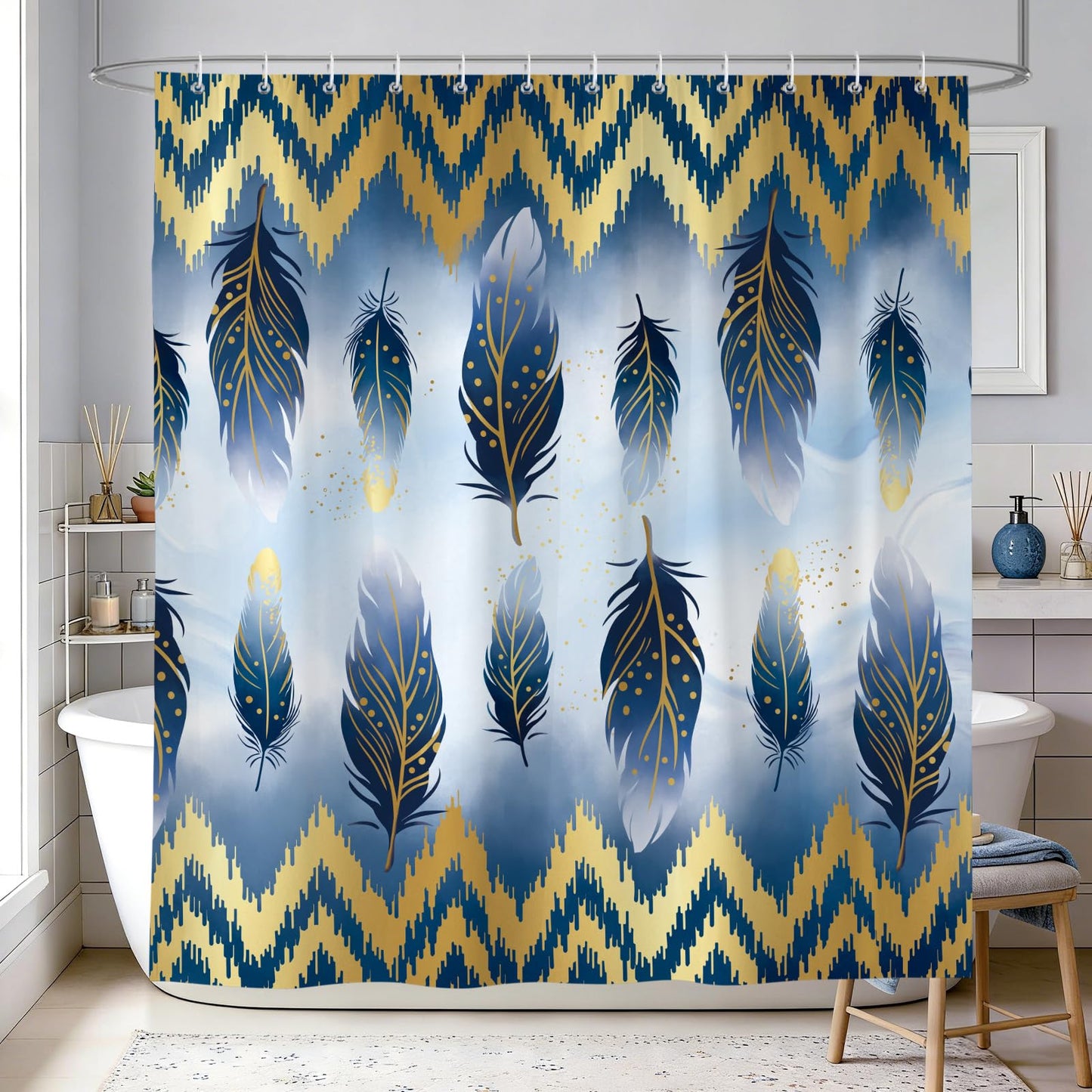 hometrixx Navy Blue Gold Feather Geometric Lines Shower Curtain 180x180cm
