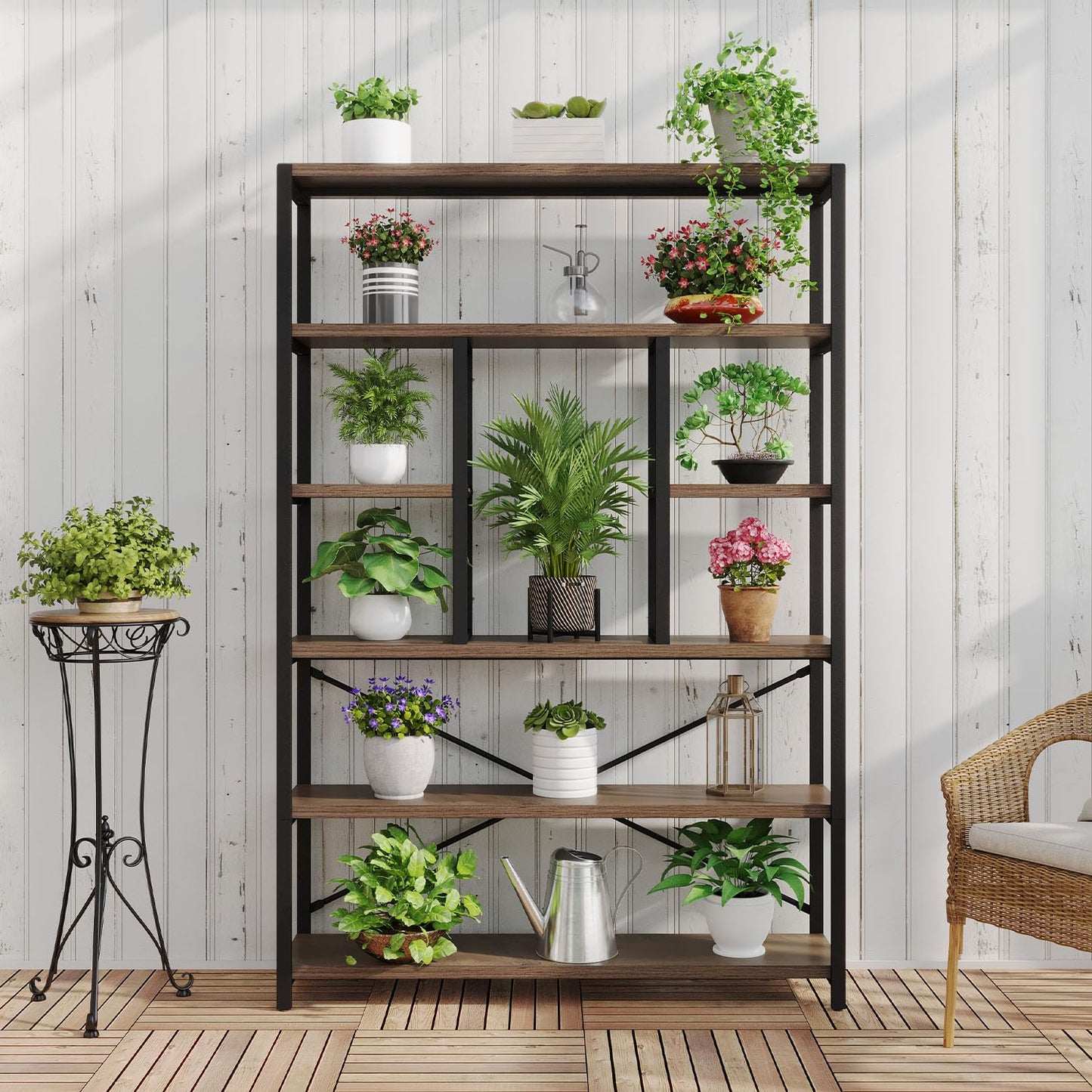 LVB Tall Industrial Etagere Bookcase, Modern Wood Large Open 6 Tier Bookshelf, Vintage Wide Metal Book Shelf Organizer