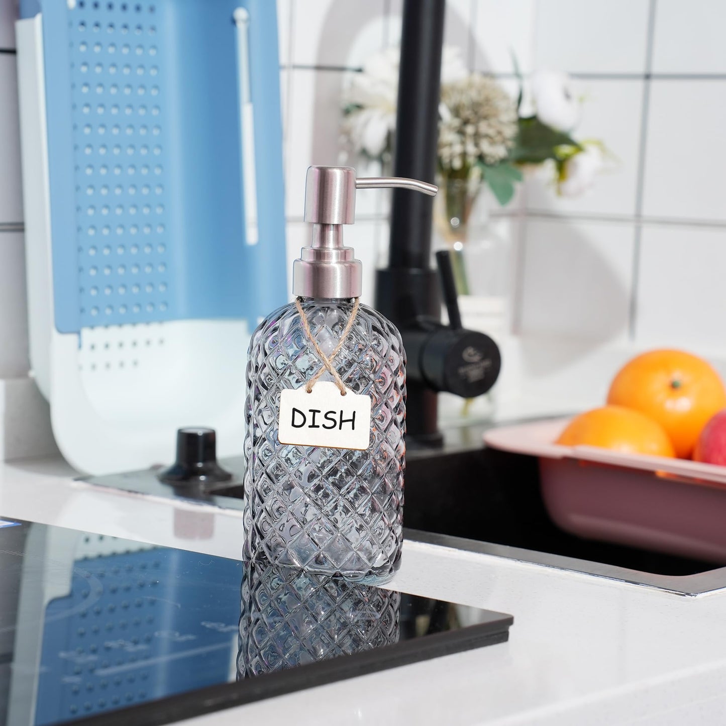 Bathroom & Kitchen Glass Hand and Dish Soap Dispenser with 304 Rustproof Stainless Steel Pump (Grey)