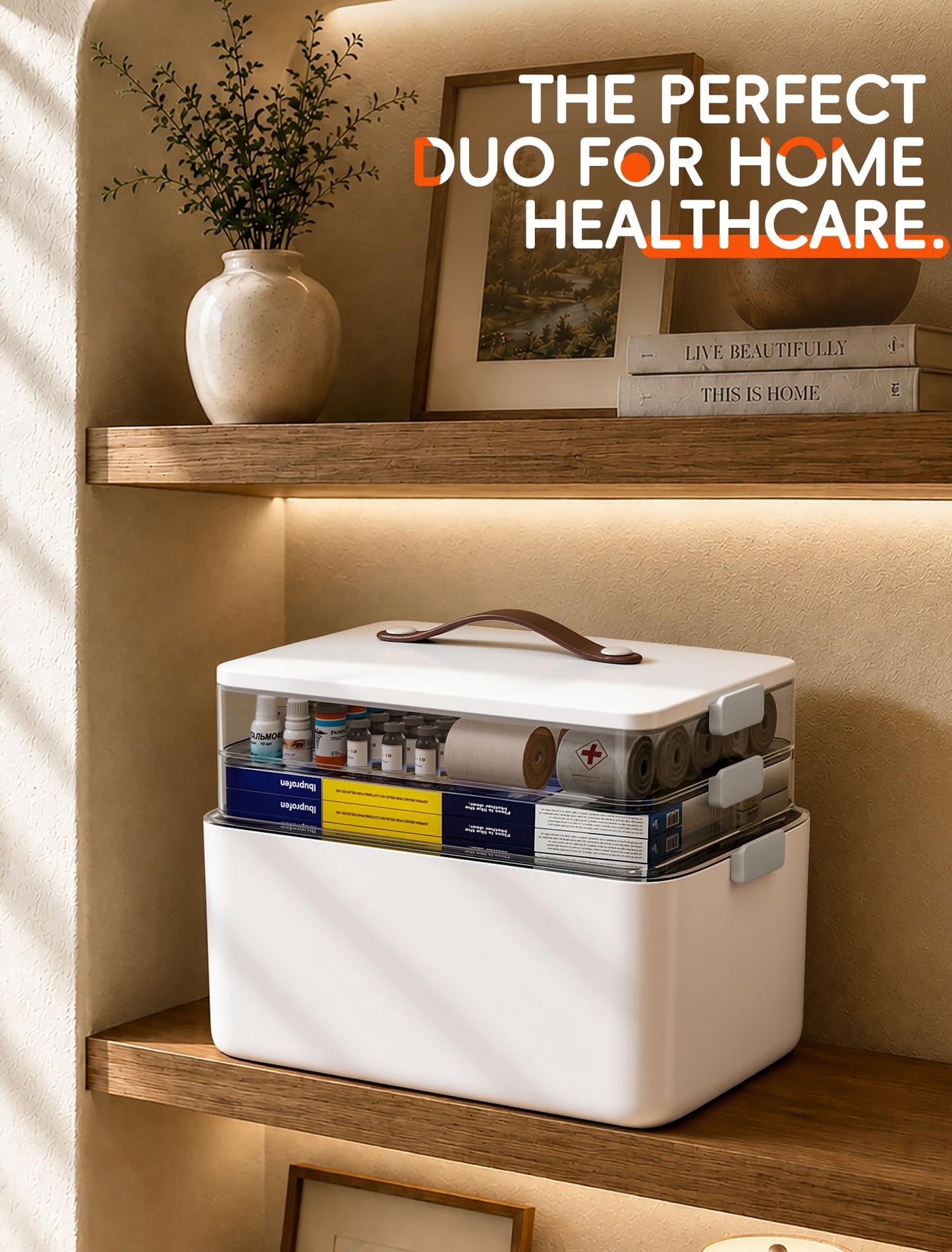 Medicine Storage Box, 3-Tier Medicine Organiser with Carry Handle, Large First Aid Storage Container with Clear Trays, White Medicine Storage Case