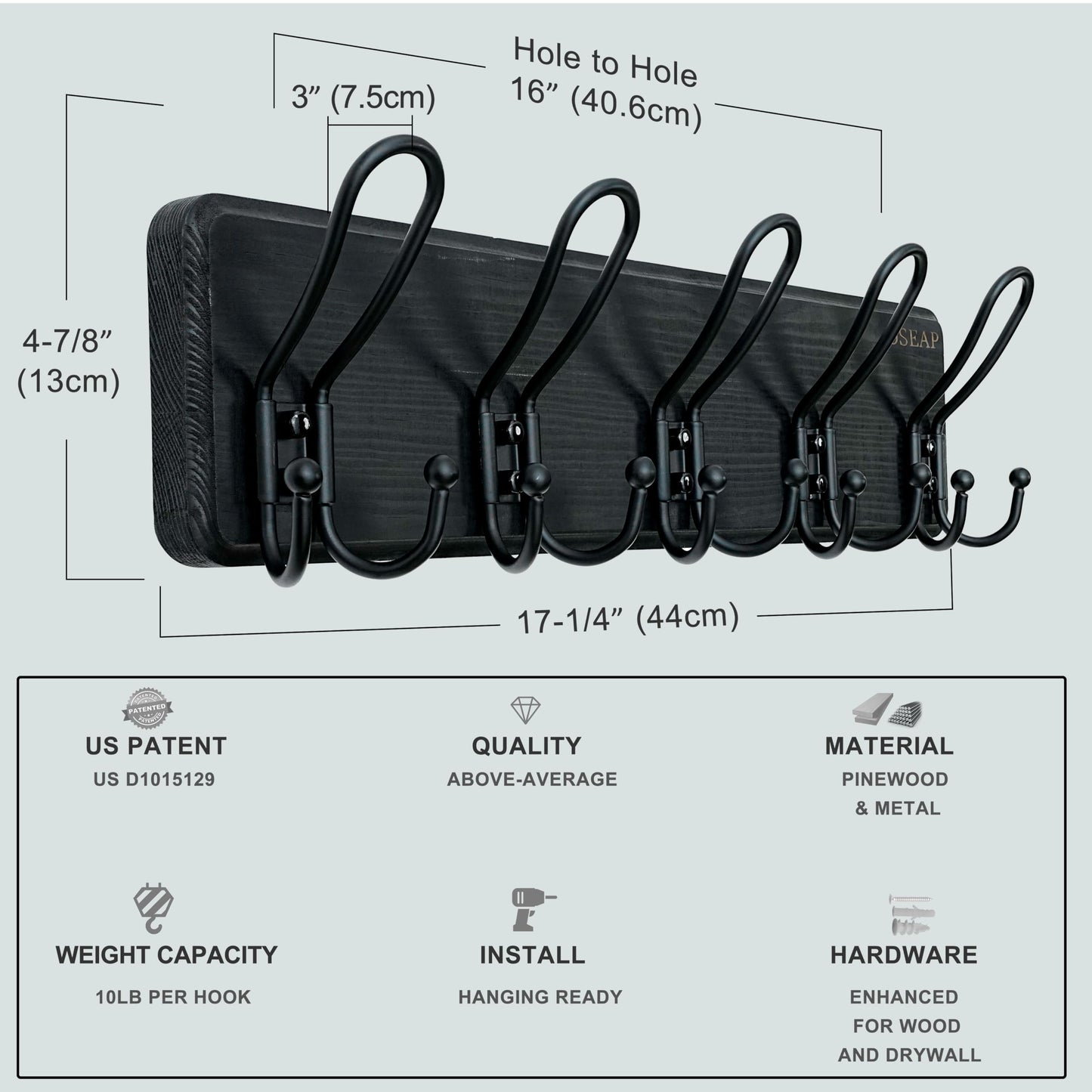 Dseap Coat Rack Wall Mounted - Heavy Duty Farmhouse Rustic Wall Coat Hanger with 5 Wire Hooks for Clothes Hat Jacket Towel, RusticWire, J1-5A, Black