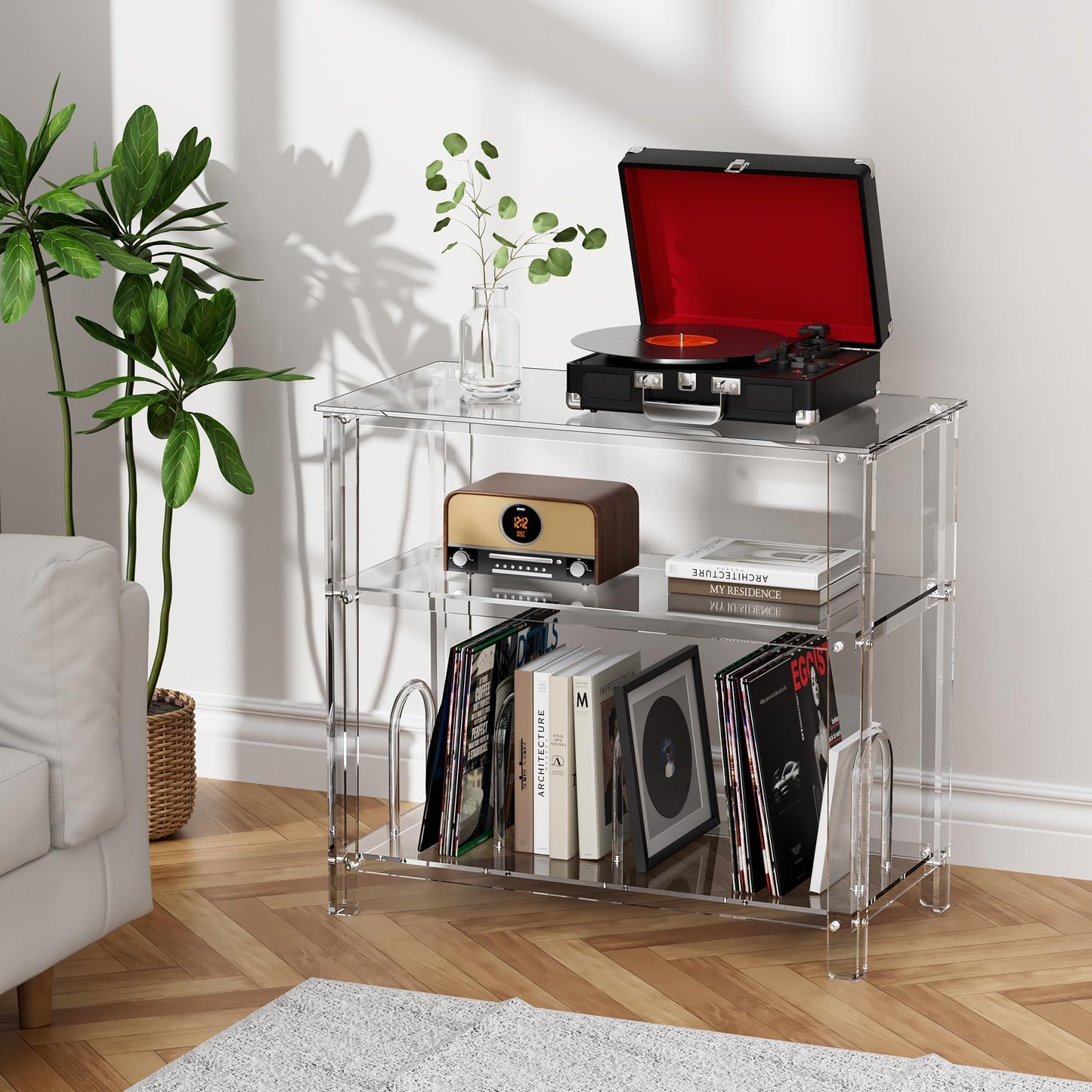 solaround Clear Acrylic Record Player Stand, with Vinyl Records Storage