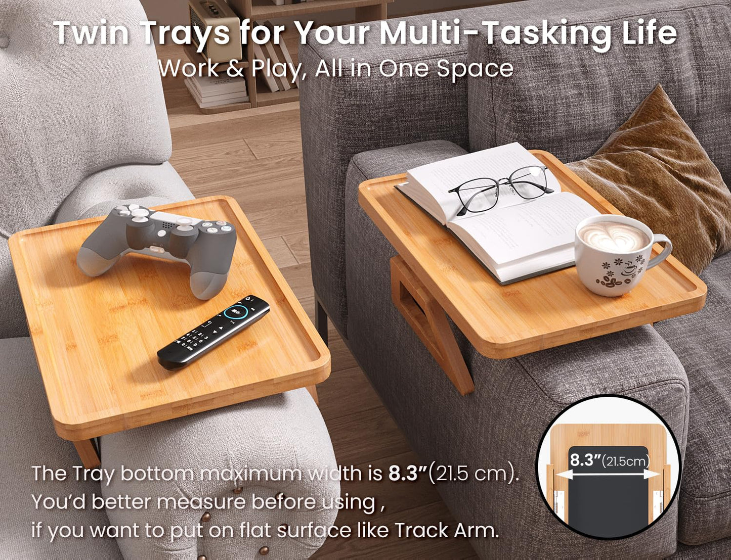 Fibogollo 2 Pack Couch Arm Tray,Bamboo Folding Sofa Tray,Sofa Armrest Tray Clip-On Couch Desk for Drinks,Snacks,Phone,Remote Control（Natural）
