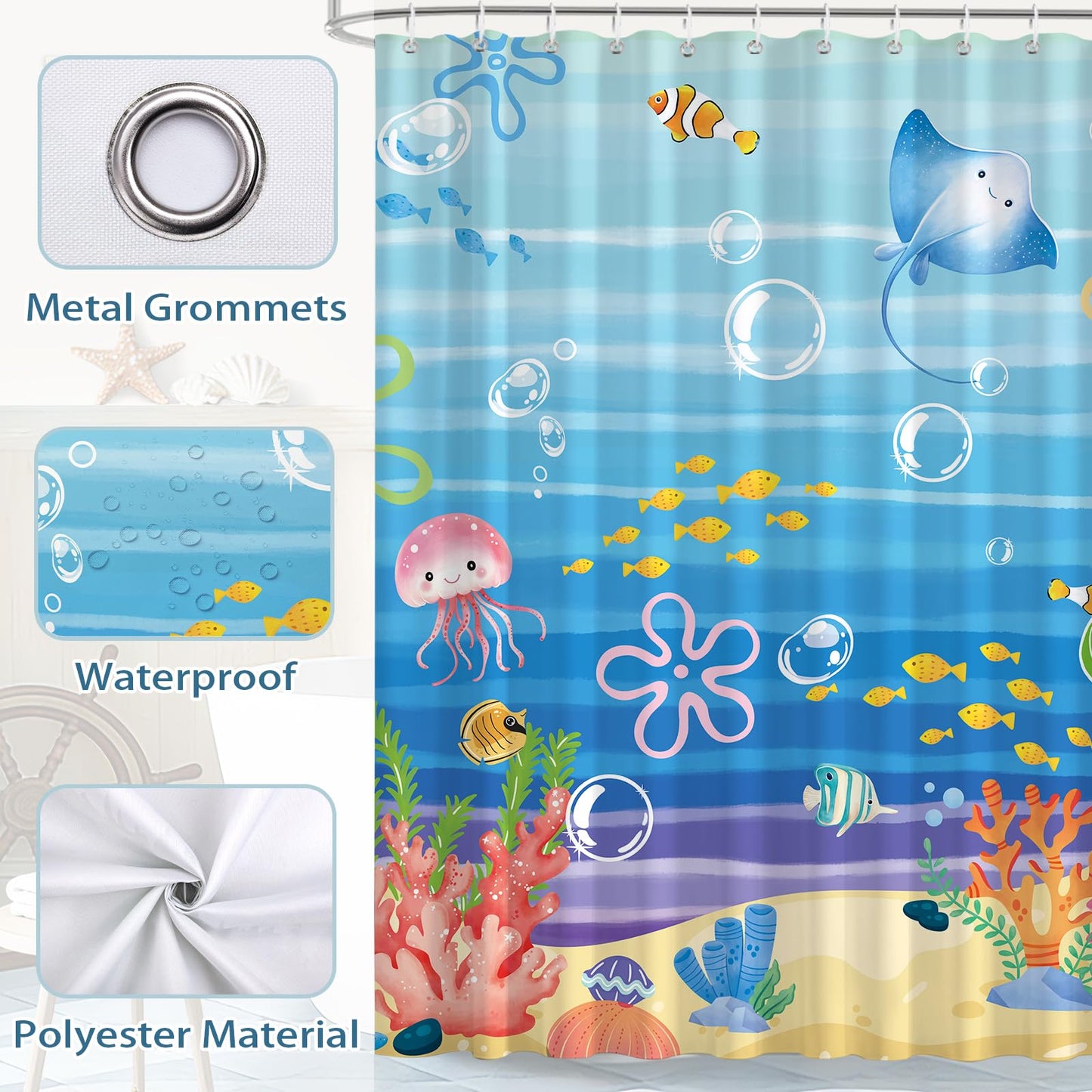 hometrixx Kids Beach Ocean Jellyfish Coral Fish Shower Curtain 72X72Inch