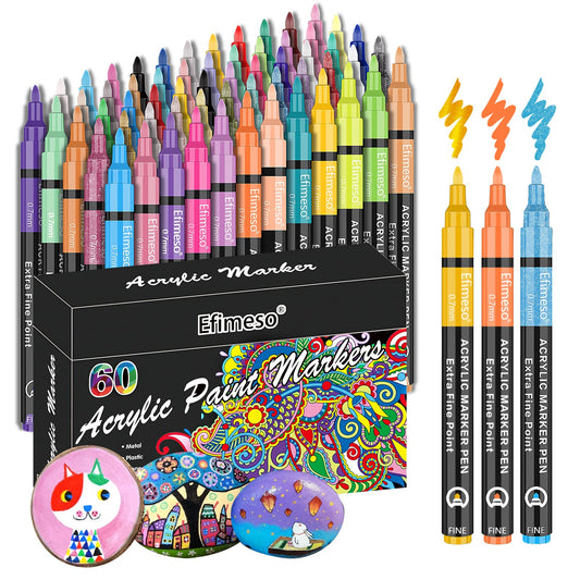 Efimeso Acrylic Paint Pens, 60 Colors Paint Art Markers for Rock Painting, Stone, Ceramic, Glass, Wood, Metal, Fabric, Pebbles, Water-Based Acrylic