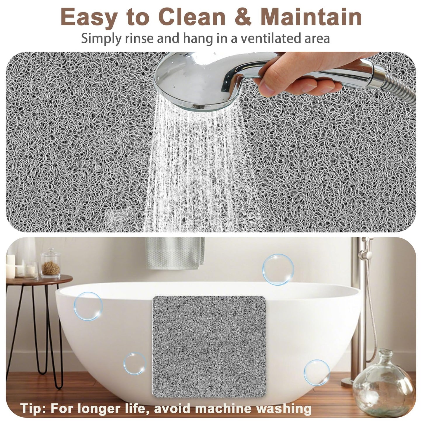 Shower Mat Non Slip Anti Mould: Bath Mats for Inside Bath- 60 x 40 cm Anti Slip Shower Mats for Inside Shower- Loofah Shower Mat Grey Long Washable