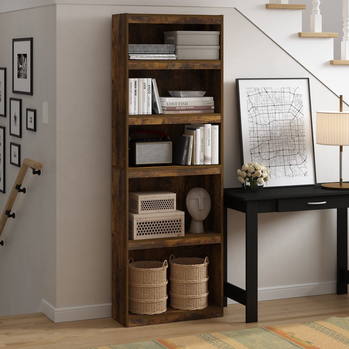 Furinno JAYA Book Shelf, 5-Tier Bookshelf, Bookcase, with Adjustable Shelves, 9.5 x 24.5 x 71.1, for Home Office, Living Room, Amber Oak