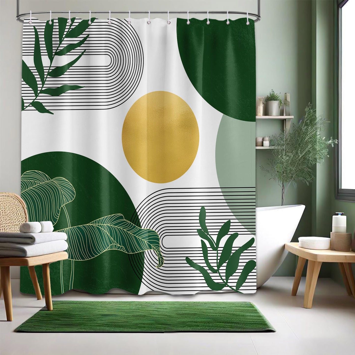 LanZanthic Dark Green and White Shower Curtains for Bathroom Olive Gold Emerald Mid Century Boho Wet Room Shower Curtain with hooks
