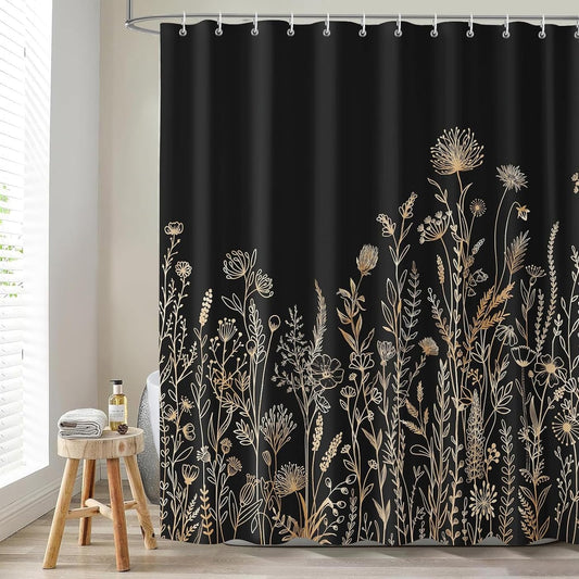 Dazzlewall Black Gold Floral Shower Curtain 180 x 180 cm, Boho Vintage Flowers Wildflowers Dark Botanical Herbs Rustic Bathroom Curtain, Waterproof