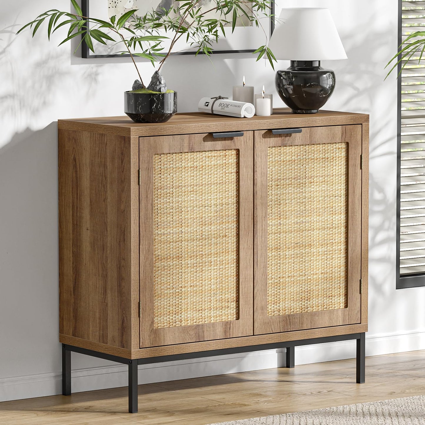 Skokliz Storage Cabinet, Sideboard with Rattan Decorated Door, Wood Kitchen Cupboard Sideboard with Adjustable Shelf, Accent Cabinet for Entryway
