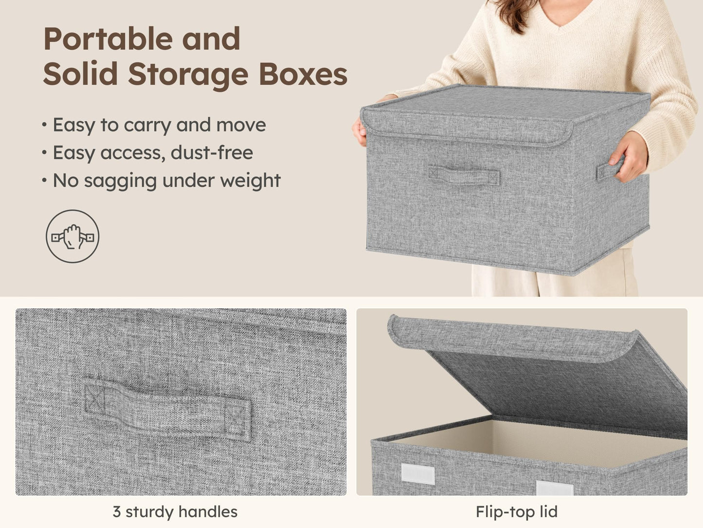 5 Pack of Stackable Storage Boxes with Lids Linen Wardrobe Organiser 37.8L