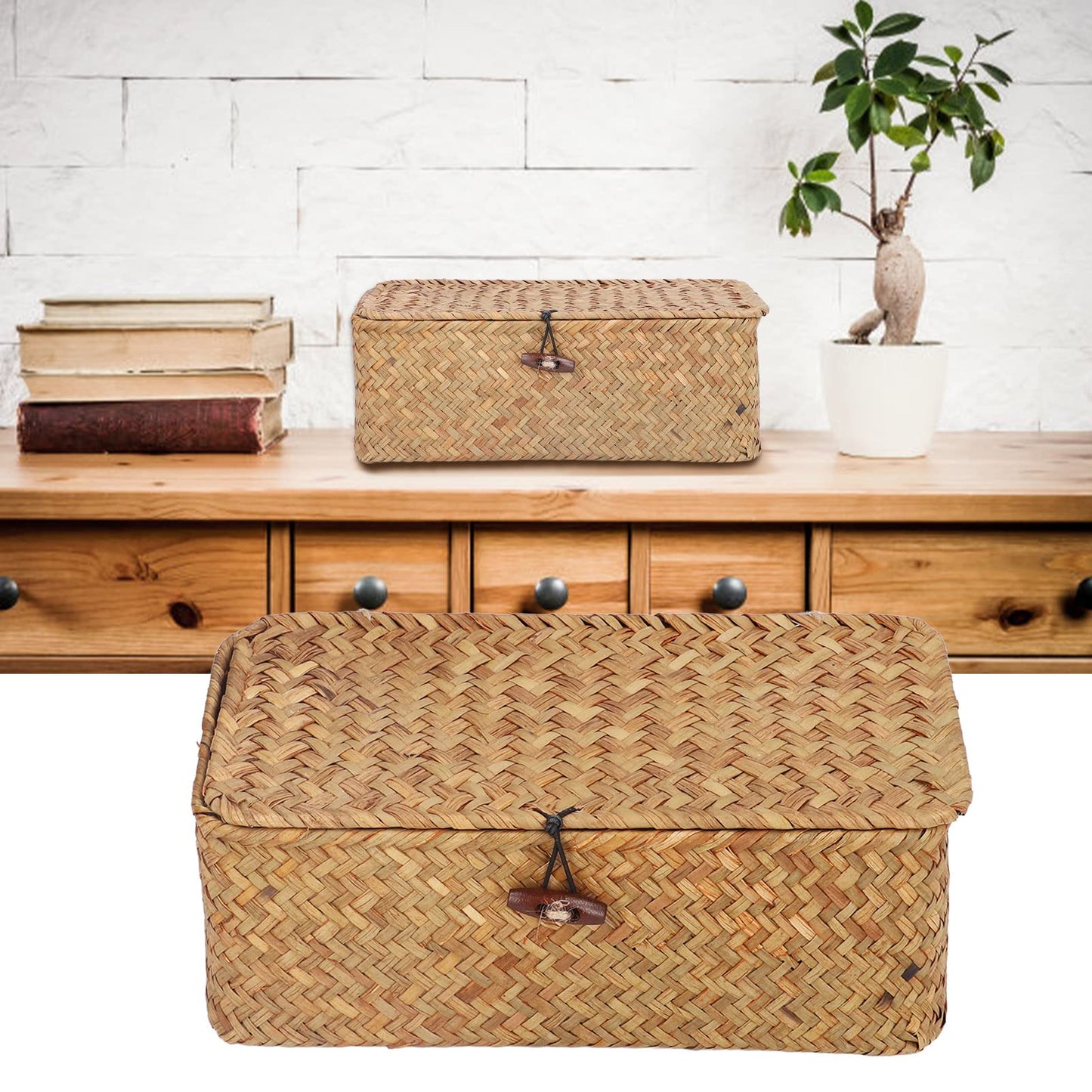 Wicker Storage Bins with Lid, Multipurpose Dustproof Seagrass Basket Rectangular Household Organizer Box Shelf Wardrobe Organizer (M)