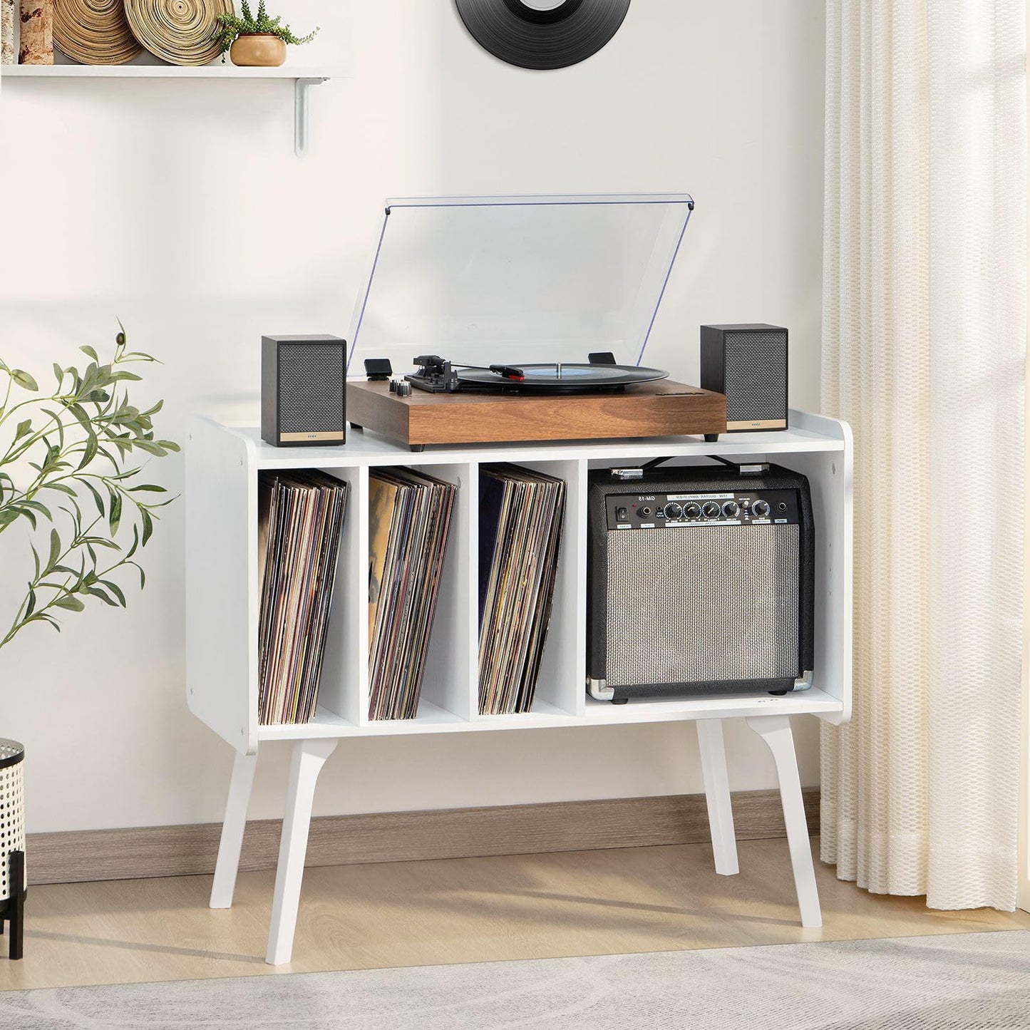 LELELINKY Record Player Stand, 4 Compartments, Holds Up to 220 Records